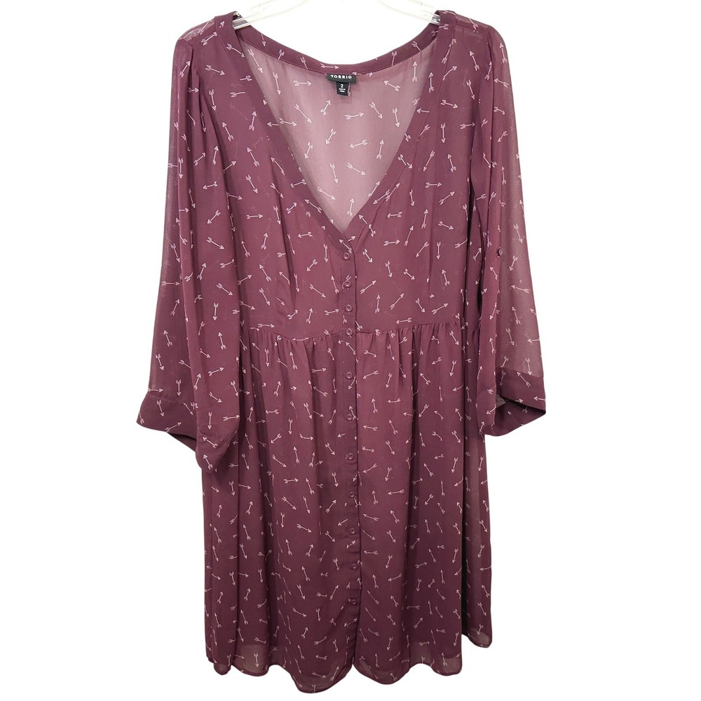 Torrid Plus Size 2X Babydoll Dress Burgundy Arrow Print Boho Fall Festival 176